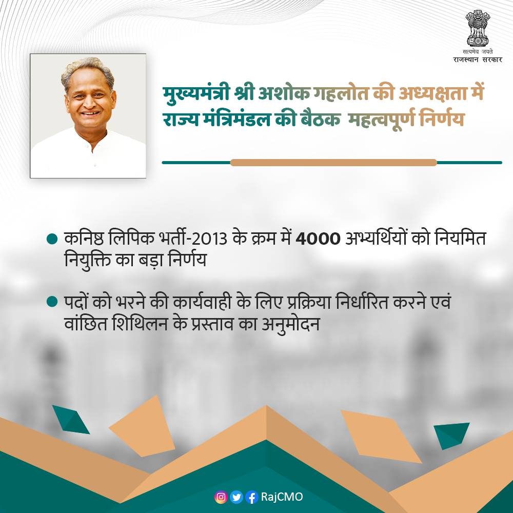 RajCMO's tweet photo. मुख्यमंत्री श्री @ashokgehlot51 की अध्यक्षता में मुख्यमंत्री निवास पर राज्य मंत्रिमंडल की बैठक आयोजित हुई। बैठक में मंत्रिमंडल ने कनिष्ठ लिपिक भर्ती-2013 के क्रम में 4000 अभ्यर्थियों को नियमित नियुक्ति देने का बड़ा निर्णय लिया है। https://t.co/0G4YIL8yfI