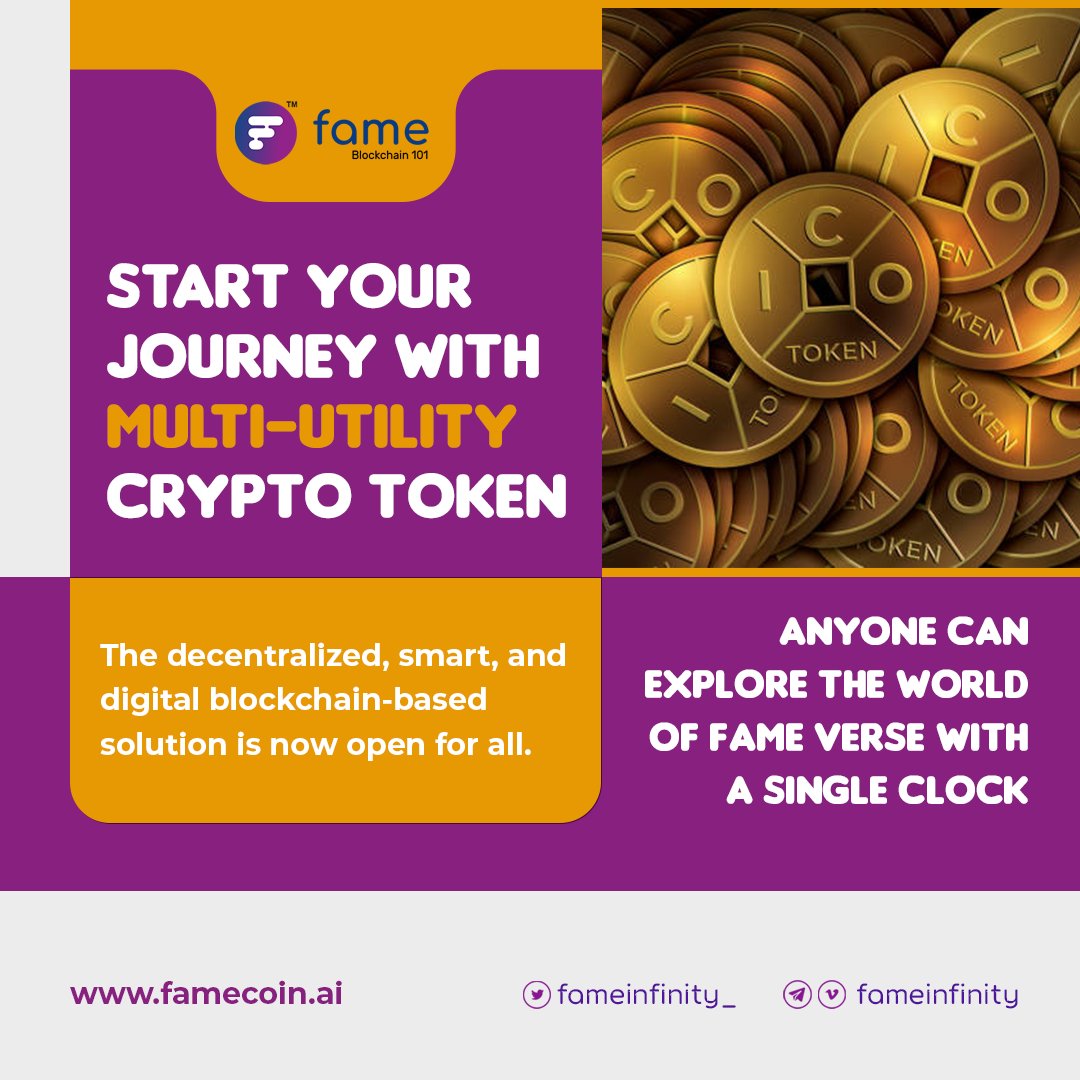 FameInfinity_'s tweet photo. Start your Journey with Multi-Utility Crypto Token

The decentralized, smart, and digital blockchain-based solution is now open for all. Anyone can explore the world of Fame verse with a single clock. 
Visit here to know about Fame: https://t.co/8ZkdtxXrWn https://t.co/5bMs11zdfw