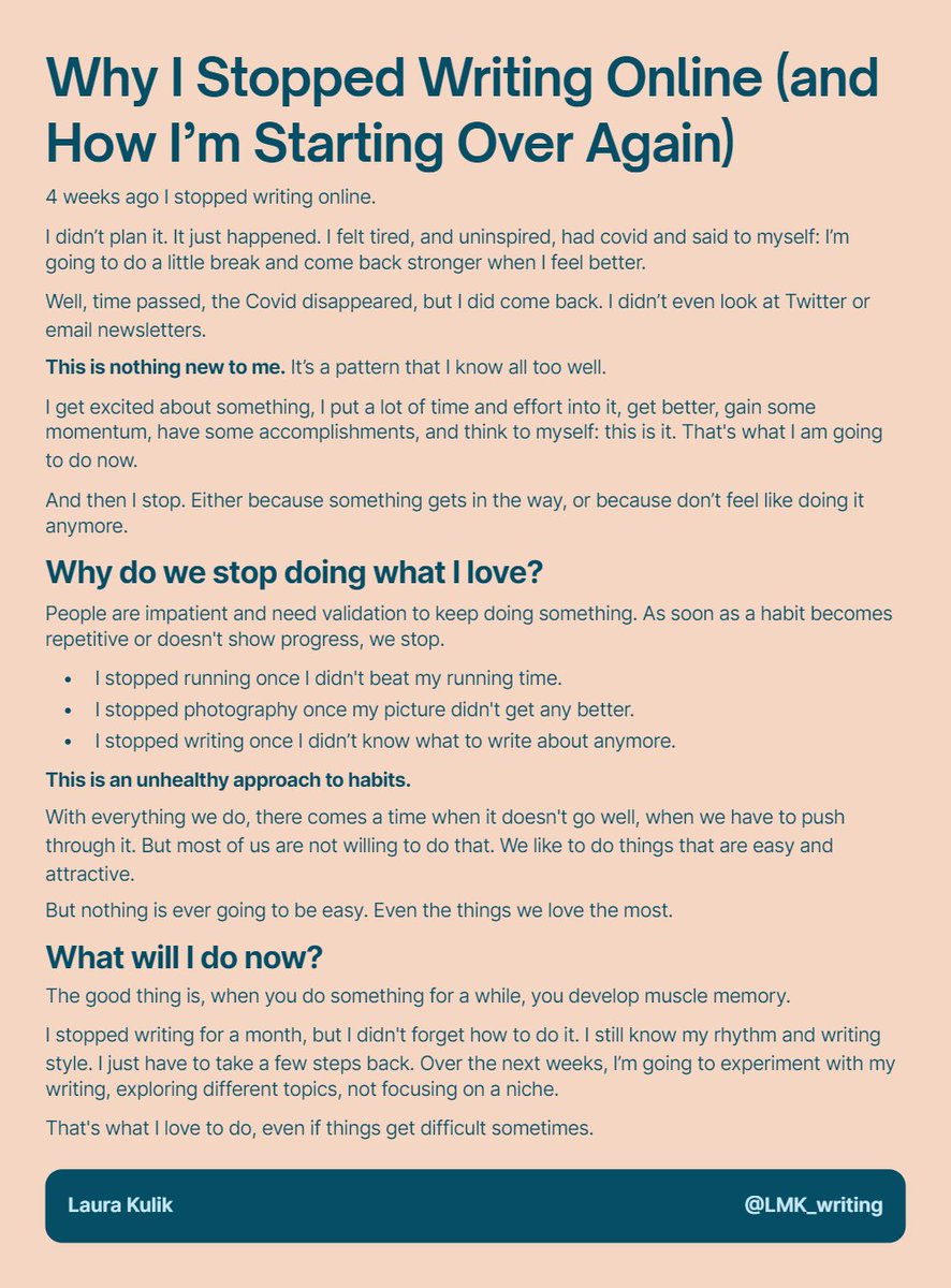 LMK_writing's tweet photo. 4 weeks ago I stopped writing online.

Now I'm back.

Because I'm tired of stopping what I love to do just because it gets hard sometimes. https://t.co/EI3E5ZcGEH