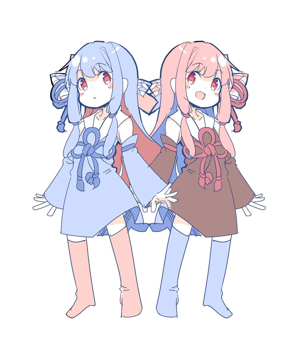 kotonoha akane ,kotonoha aoi multiple girls 2girls pink hair long hair blue hair dress thighhighs  illustration images