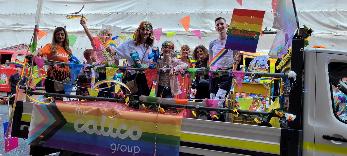 Calico_Group's tweet photo. Colleagues from across the group, with friends and family were #proud to walk in @ManchesterPride, celebrating and championing our #LGBTQ colleagues, customers, friends and families #Pride2022 #peace #onecalico https://t.co/J0FdINmXfm