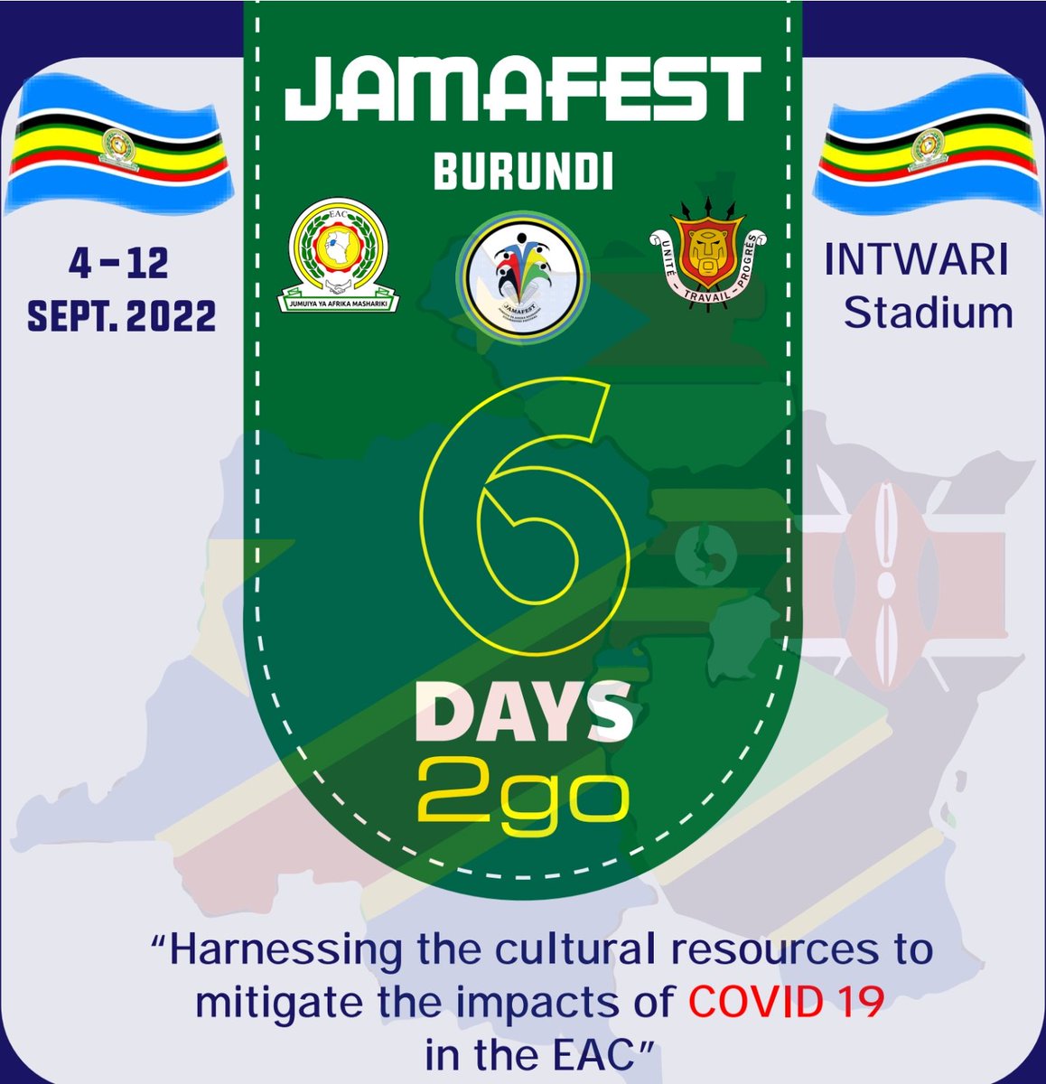 EAC JAMAFEST (@eacjamafest) on Twitter photo 6days 2go for the #EACJamafest22 in Bujumbura Intwari stadium. Come n share great memories <a href="/jumuiya/">East African Community</a> <a href="/MinEACJSCBdi/">Ministère EACJSC</a> <a href="/Jamafest_Edit5/">JAMAFEST IN BURUNDI 2022</a> <a href="/EAYNOfficial/">East African Youth Network</a> 6days 2go for the #EACJamafest22 in Bujumbura Intwari stadium. Come n share great memories <a href="/jumuiya/">East African Community</a> <a href="/MinEACJSCBdi/">Ministère EACJSC</a> <a href="/Jamafest_Edit5/">JAMAFEST IN BURUNDI 2022</a> <a href="/EAYNOfficial/">East African Youth Network</a>