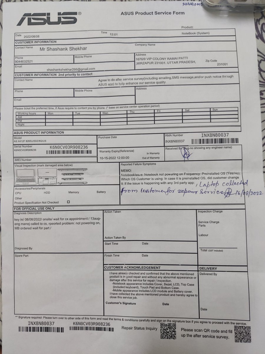 Shashankda028's tweet photo. @ASUSIndia @consumerforum_ My laptop repair 20/08/2022 but today 28/08/2022 still i didn't get my laptop form the service centre.
I complaint many times to customer service but my problem was not resolved. https://t.co/VDhtH6CqzT