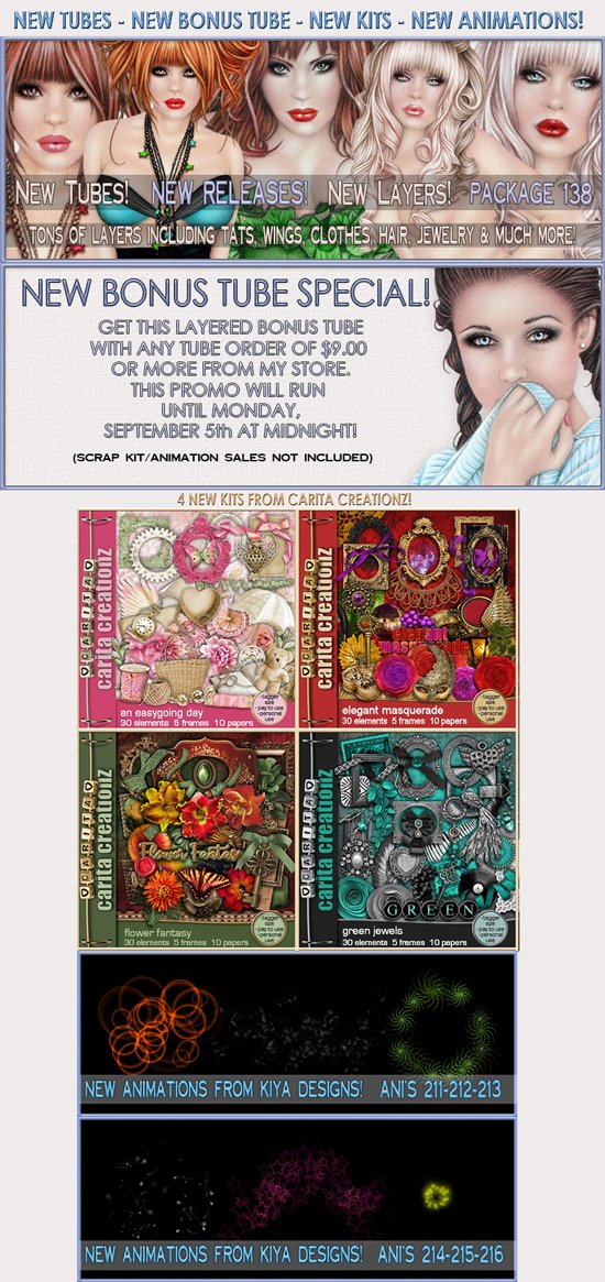 Chronic2's tweet image. Hi Taggers...I have 3 new tubes and a new BONUS tube in the store now!  Pack 138 is now available in the store.  Get them all here: barbarajensentubes.com
4 new scarp kits and 6 new animations too!