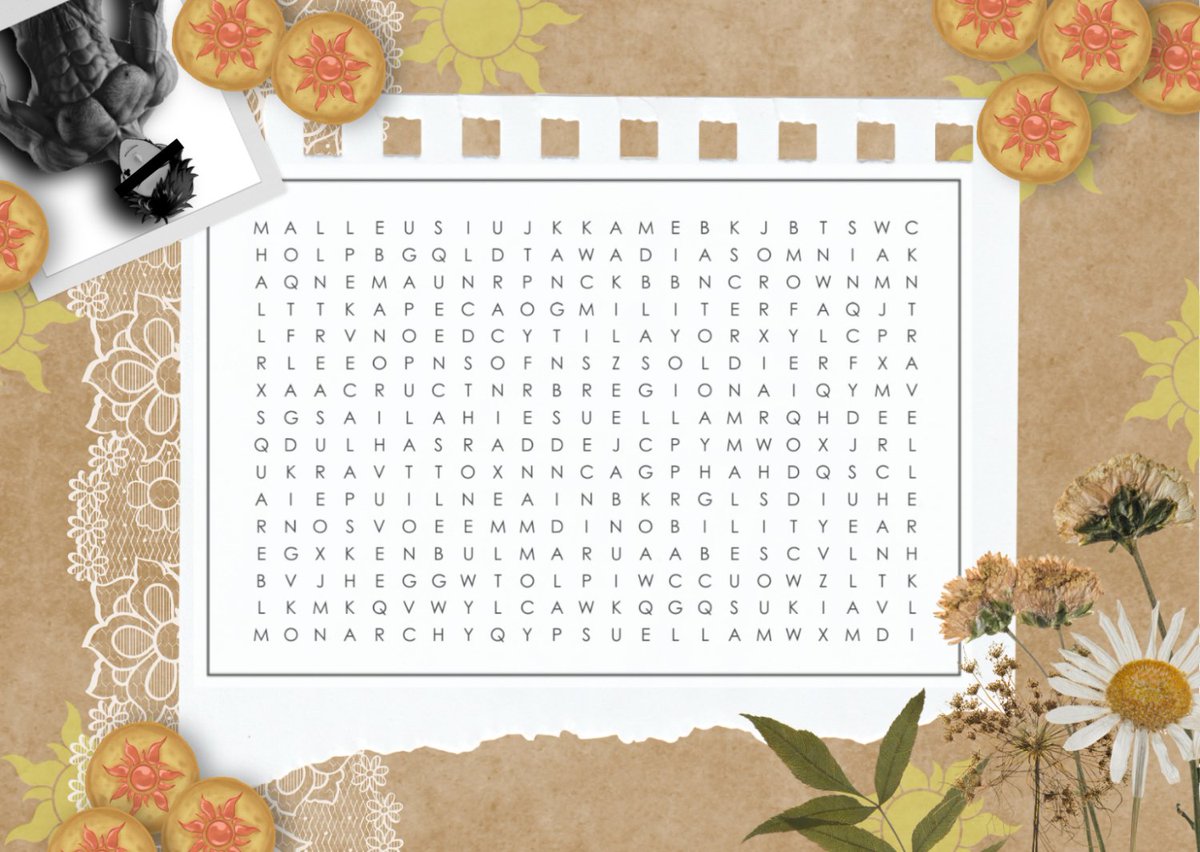 sukajustomat's tweet photo. Quest : 

temukan 5 kata yang berhubungan dengan 'kerajaan'. Mohon untuk melingkari kata yang didapatkan pada foto, lalu qrt postingan ini dengan hasil yang sudah kalian dapatkan. 
Reward : 10 cookies matahari https://t.co/Xw4OwHI5CK