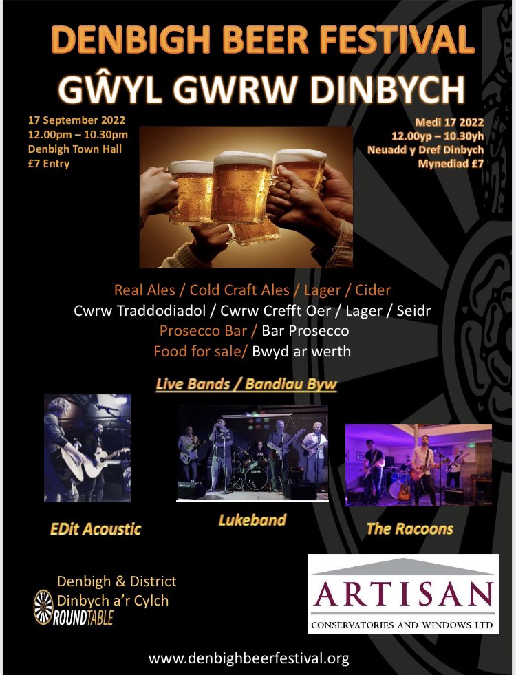 #denbighbeerfestival2022 
#gwylgwrwdinbych2022
17th September 
Medi 17eg
Please like and share
Plis hoffwch a rhannu
🍺🥂🕺💃🎤🎸🎹🍻