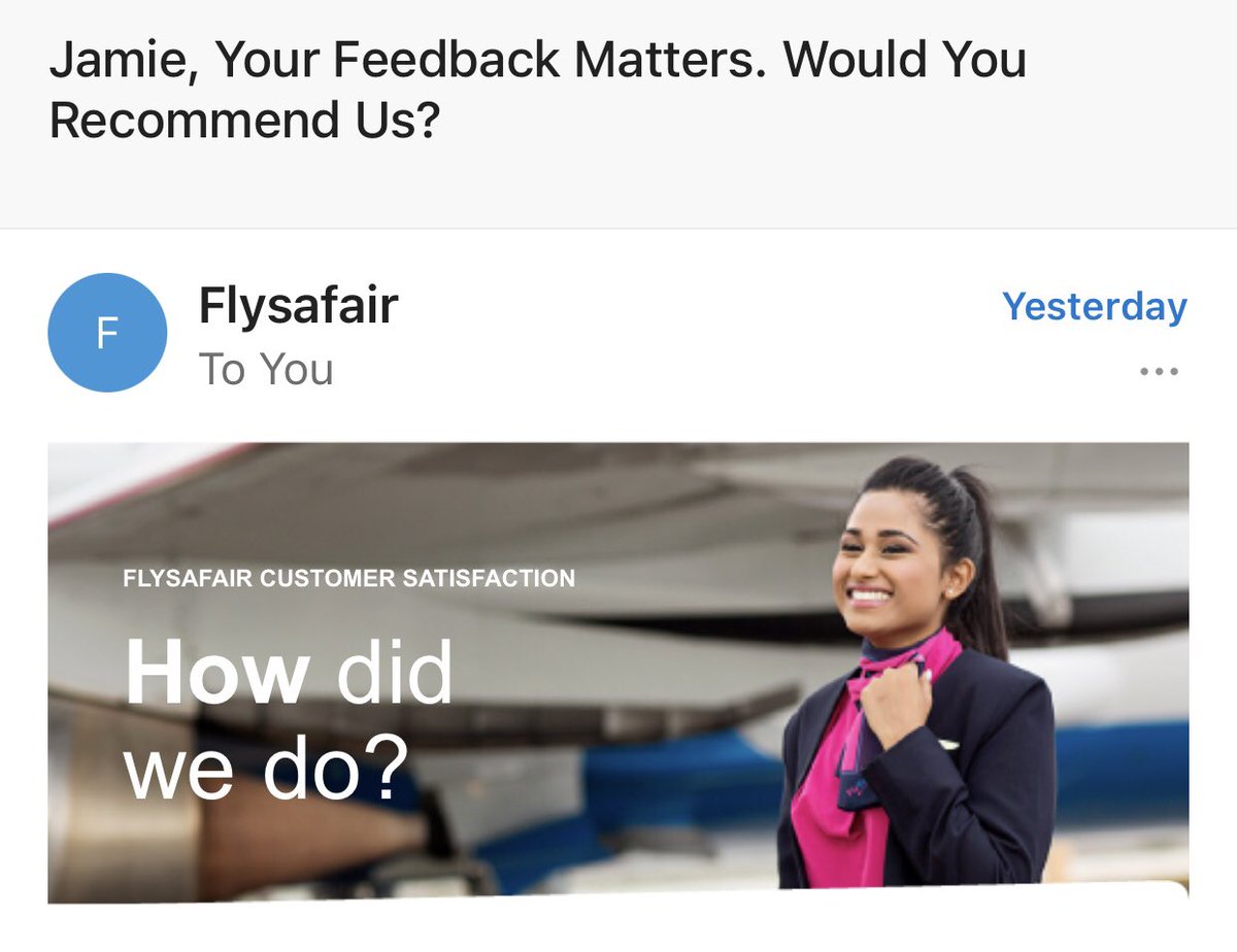 Funny how <a href="/FlySafair/">FlySafair</a> tells me our gate number but only asks our 1 year old for his customer feedback 😂 #selectionbias