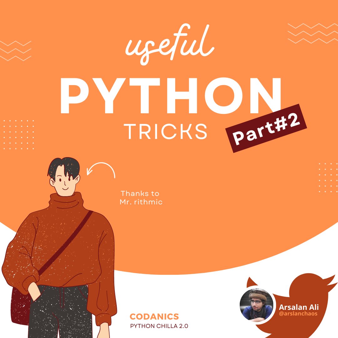 arslanchaos's tweet photo. Useful Python Tricks: Part 2 🧵👇

1- Unpacking
2- *Args (Arguments)
3- **Kwargs (Keyword Arguments)
4- *Args and **Kwargs
5- Lambda
6- Map
7- Filter
8- Reduce

#python #codanics #pythonprogramming #DataScience #programming #pythonchilla #pythonkachilla2 https://t.co/I9Ti3ZDiCm