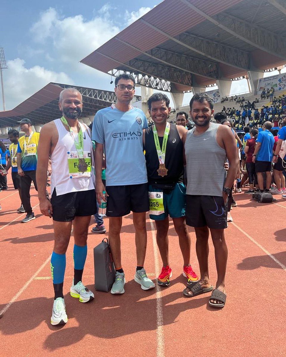 Nithin's tweet photo. 5:02 AM: Hyderabad Marathon 2022.
Hyderabad, you beat the crap out of me but you didnโt beat me! Extreme cramps at 37km. Walked the rest of the way. Lucky to have finished. Onward and upward.
Thank you for the company @shreyaskarnad sir and @akshysridhar3 sir.
#marathon #NoDNF https://t.co/Tk7iI9utJk
