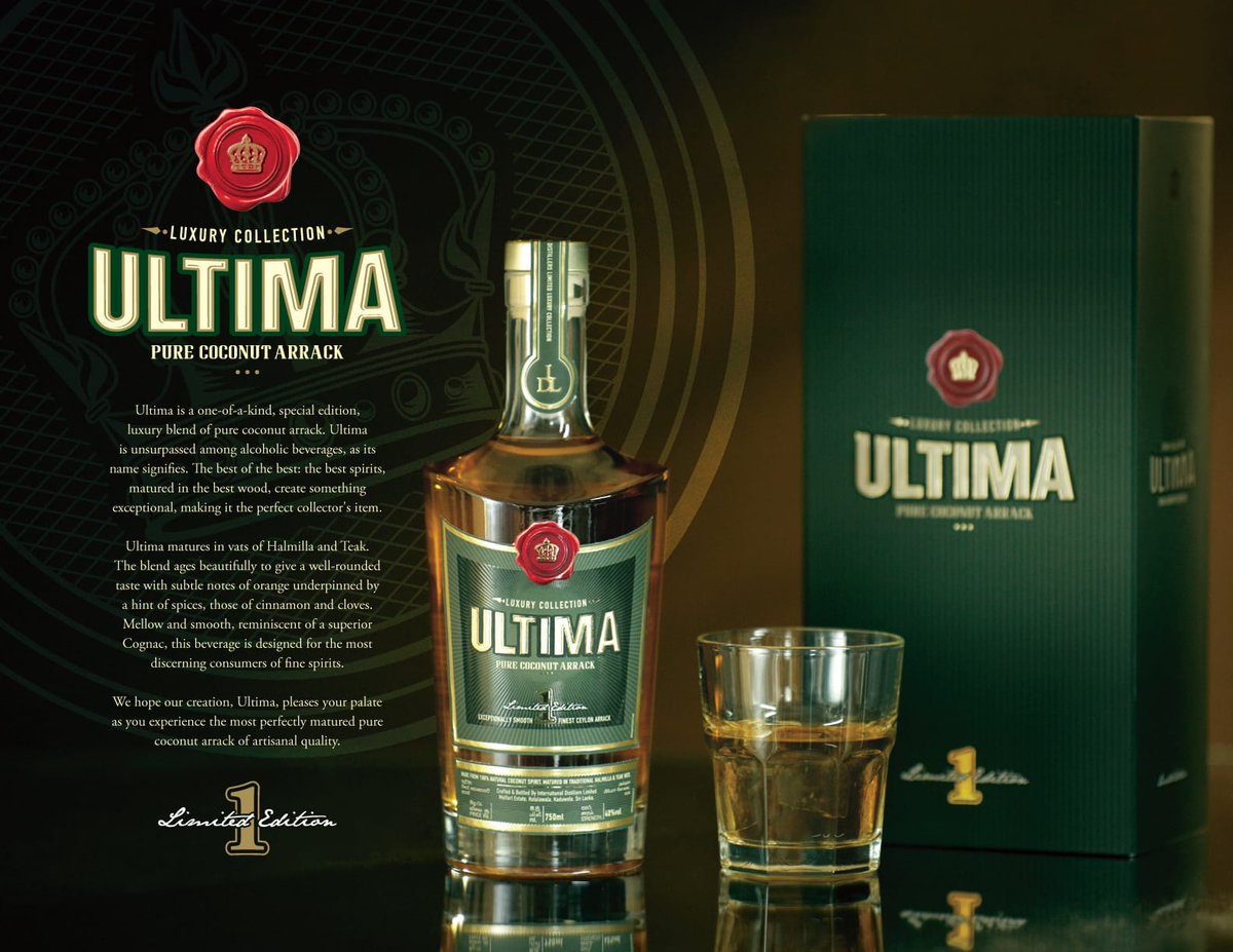 IDLLife's tweet photo. Introducing "ULTIMA" Pure Coconut Arrack.

Ultima is a one-of-a-kind, special edition, luxury blend of pure coconut arrack. 
Mellow and smooth, reminiscent of a superior Cognac, this beverage is designed for the most discerning consumers of fine spirits.

#Ultimaarrack https://t.co/dZIQ58htY9