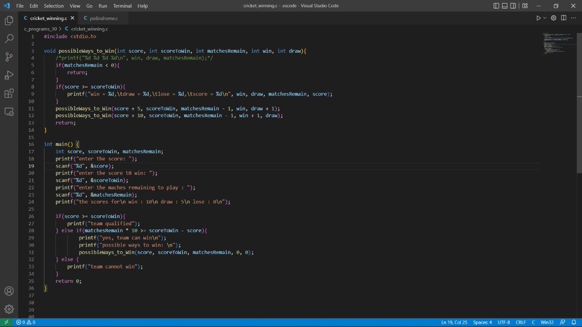 RamyaKorupolu's tweet image. Day - 4/30
Checking whether the cricket team will qualify to next stage for a given score, score to be qualify and remaining matches to play, where scores for win - 10, draw - 5 and no score for losing of a match.
#coding
#30daycodingchallenge
@theedumoon
