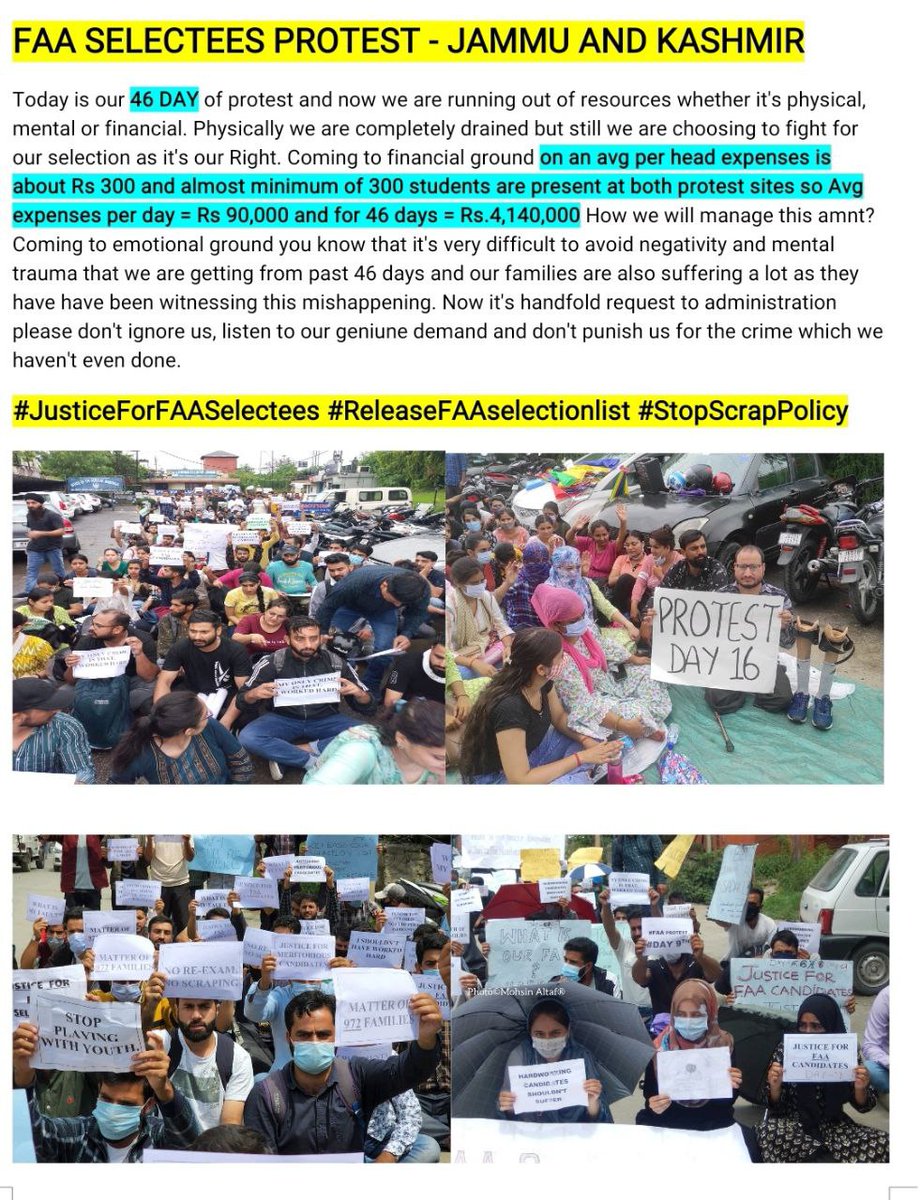 RayeesA66759267's tweet photo. @sameershafibhat @OfficeOfLGJandK @manojsinha_ @ByYatishYadav @PMOIndia @BJP4JnK 46th day of protest #FAA , their demand is genuine, please LG @manojsinha_ sir do justice with them, at least once hear their voice we r citizens of India , who is answerable to us ? our resources r running outnow.
#JusticeForFAASelectees
@OfficeOfLGJandK
@BJP4JnK
@diprjk https://t.co/bF8Eba1bMv
