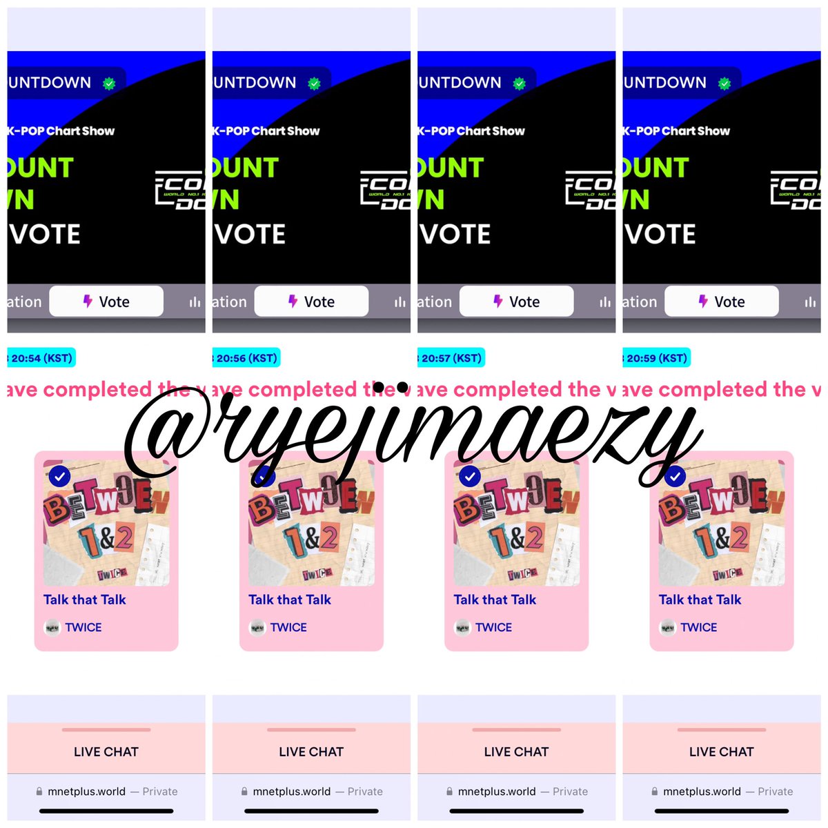 ryejimaezy's tweet photo. I didn’t reach 1.1k followers as required, so I’m not going to give full votes. Giving 4 votes for #TWICE since most of the proofs that were posted are from them and 1 vote for #BLACKPINK for winning the poll
#ryejimproof 🫡 https://t.co/HCEFKe9wMF