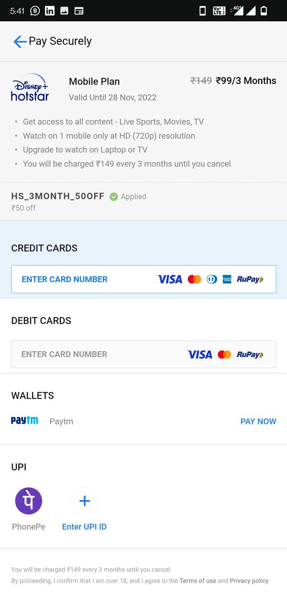 premsingh89's tweet photo. @DisneyPlusHS Please help. One the app it says 99 for 3 months, when I did payment, deducted 149. I request you guys to look into it. https://t.co/eqE6hU4SEH
