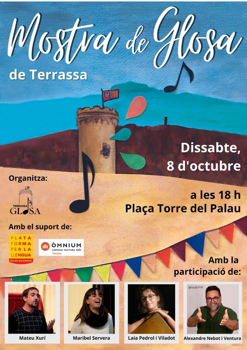 Ens fa moltíssima il·lusió presentar-vos el cartell de la I Mostra de Terrassa!
Reserveu-vos la data, que us hi volem veure, i convideu tothom a que hi vingui, que hem d’omplir la Plaça!
Ben aviat ampliarem la informació amb el nom dels músics i ponicana!

Visca la glosa!