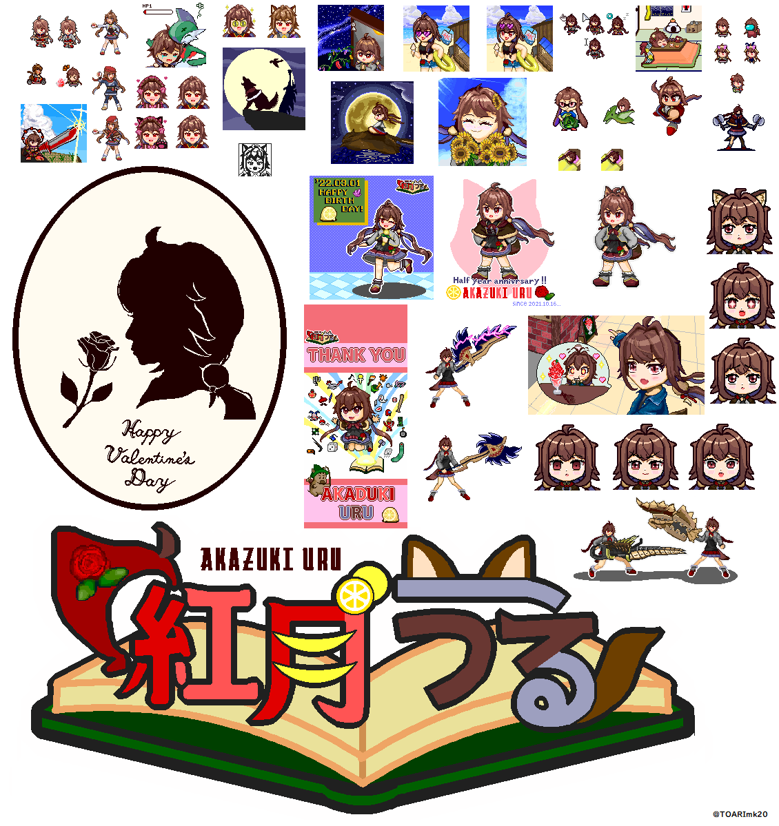 TOARI_MkU's tweet photo. 推しを描いて10か月
全部原寸で並べてみました
#うるart
#紅月うる
#pixelart
#ドット絵 https://t.co/83lTcXzdrM