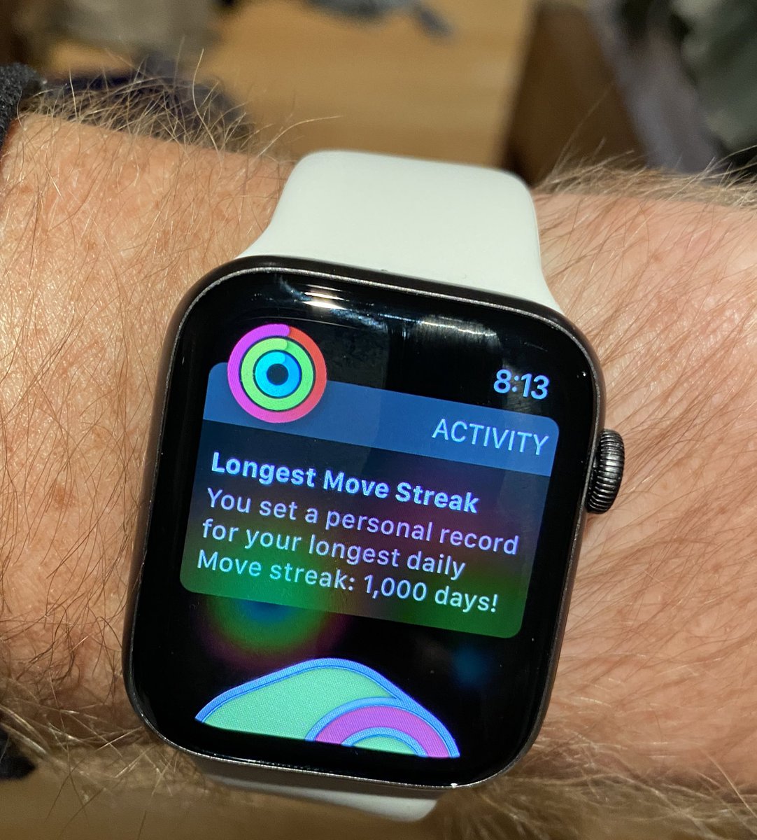 fezspencer's tweet photo. This watch has been on my wrist for 1000 days straight. Pretty chuffed I have hit my move, stand and exercise goals every single day since I purchased it. Some days have been hard to close every ring, but have done it!  #onto2000 https://t.co/siSleIX5OI