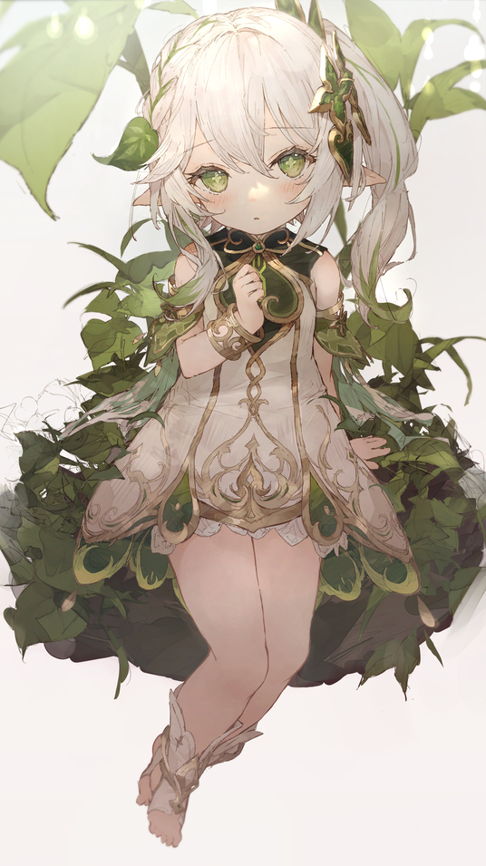 nahida (genshin impact) 1girl solo green eyes white hair dress pointy ears white dress  illustration images
