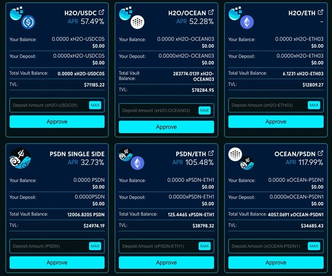 heavy_bagger's tweet photo. Looking for some safer farms to take part in?

Try out $H2O/ $USDC stable pair or #H2O/ $OCEAN or #OCEAN/ $PSDN on @H2O_data!👨‍🌾

You can earn as much as 57.49%, 52.28%, and 117.99% APR respectively, from these assets.🤑

#crypto #DeFi #alts #staking #YieldFarming #OceanProtocol https://t.co/ycHyD3uF54