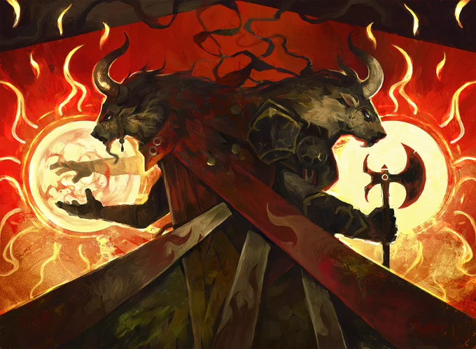 My next artwork for the new #MagicTheGathering set "Dominaria United" is Hurloon Battle Hymn.It is about two minotaurs, a warrior and a mage. Fighting side by side.I kinda start liking minotaurs :)AD -  #mtg #MTGDominaria #mtgart #MTG #illustration #painting 