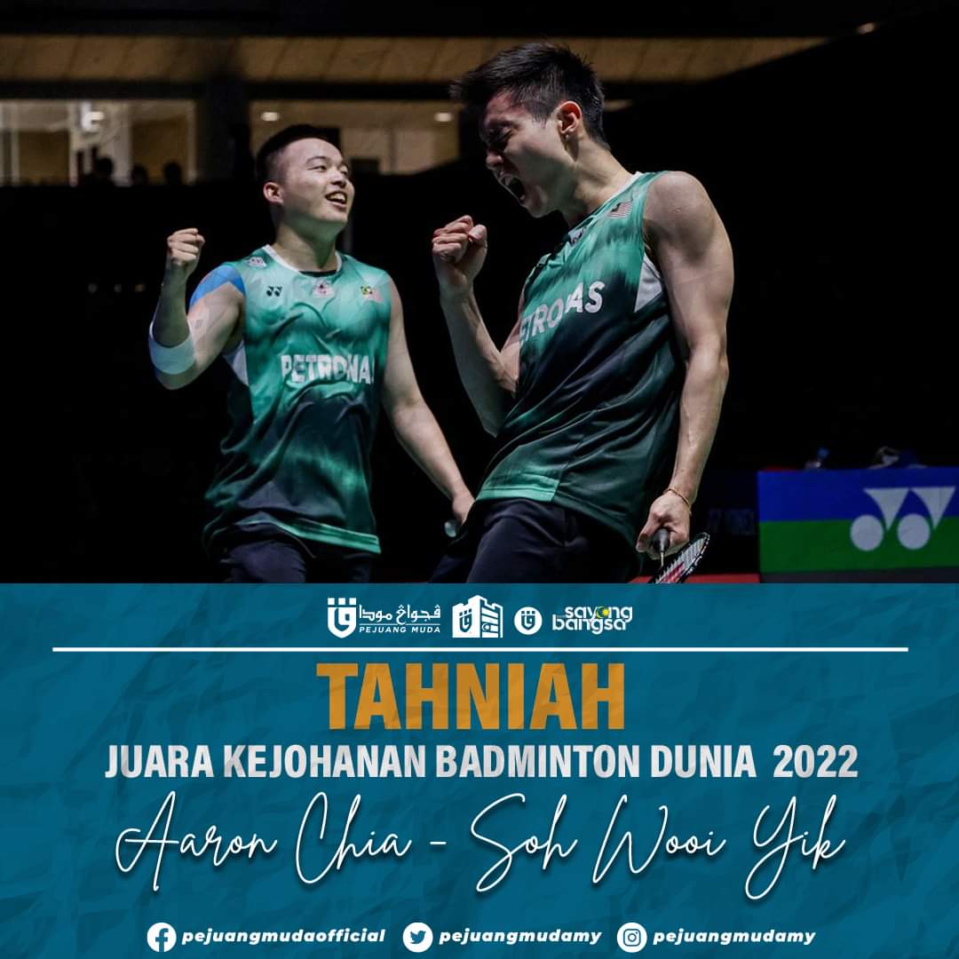 PEJUANG MUDA ingin merakamkan ucapan setinggi-tinggi tahniah kepada pasangan badminton atlet negara Aaron Chia &amp; Soh Wooi Yik di atas kejayaan mereka menjuarai Kejohanan Badminton Dunia 2022 di Jepun.

ANDA KEBANGGAAN RAKYAT MALAYSIA !