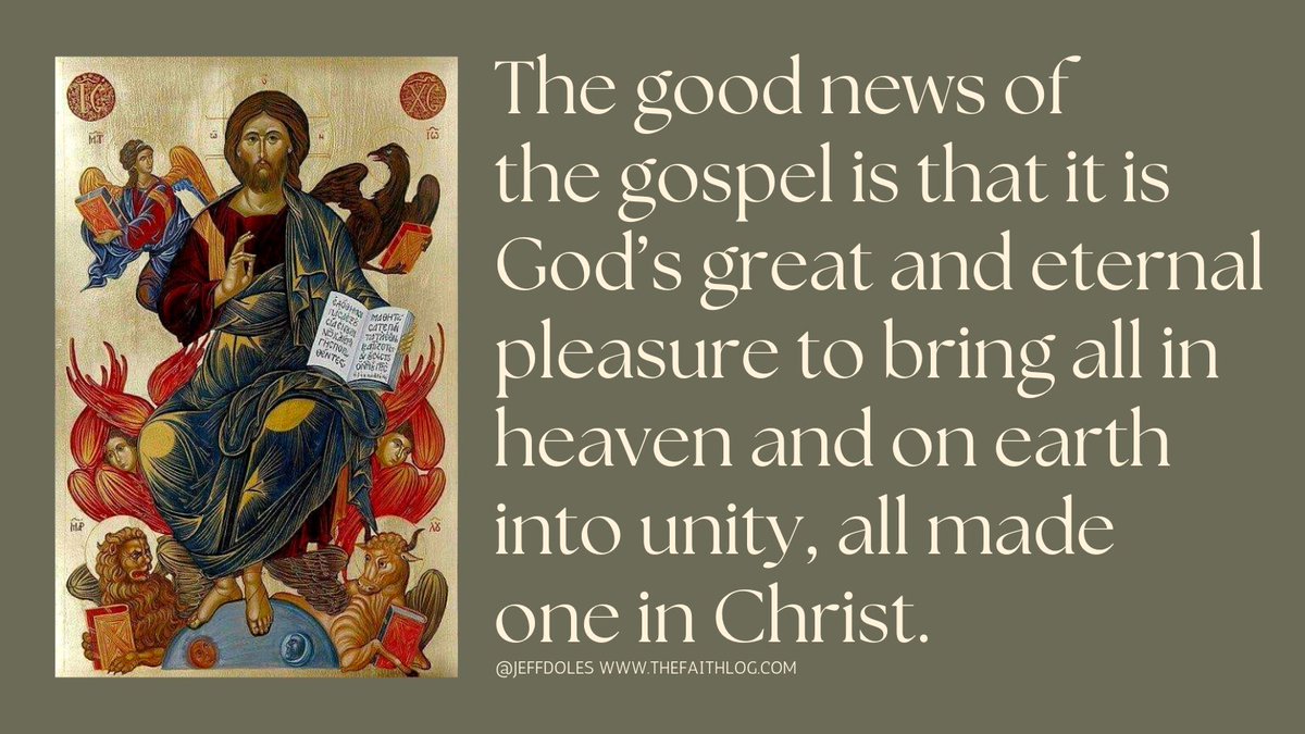 JeffDoles's tweet photo. The good news of the gospel is that it is God’s great and eternal pleasure to bring all in heaven and on earth into unity, all made one in Christ.

#Incarnation #AllCreation #OneinChrist #ChristinAll #AllinChrist #theGospel #BeautifulGospel #TheGospelTwitter https://t.co/2KYNyQPVXc