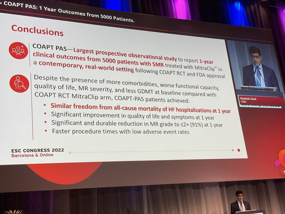 Congrats to @kashishgoelmd who presented promising results for post-COAPT approval registry. 5K real-world sicker pts with secondary severe MR who continued to derive benefit from MitraClip. GDMT as expected was pushed less than at COAPT RCT and 91% had <=2+ residual MR at 1yr.