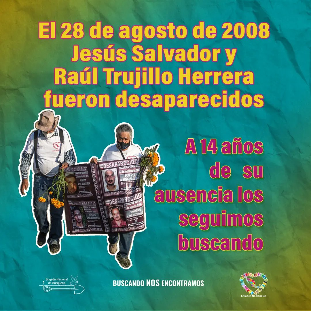 brigadabuscando's tweet photo. Hoy se cumplen 14 años de la desaparición de Jesús Salvador y Raúl Trujillo Herrera. 

📍Les invitamos al acto de memoria que haremos hoy en la Estela de Luz a las 11:00 am. https://t.co/INh0zdylCh
