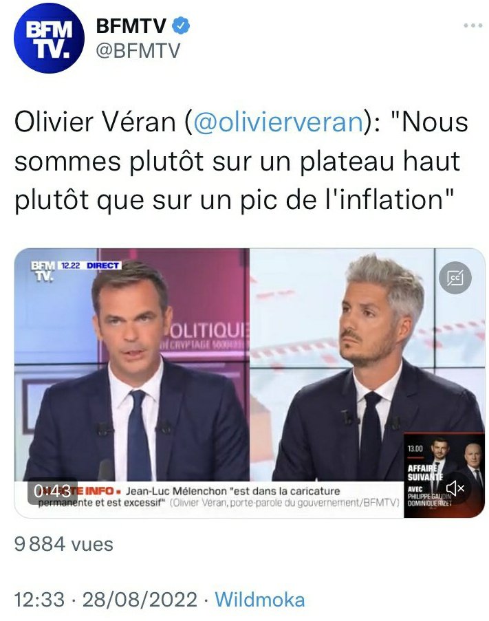 _Pat_Sim_'s tweet photo. @olivierveran S'il est aussi performant pour taxer les profiteurs de crise qu'il l'est pour prédire le "pic du plateau" inflationniste, les actionnaires, contrairement à nous, peuvent dormir tranquilles. 
#VeranCharlatan
#ChangeDeMetier https://t.co/Dnpj5c8ixc