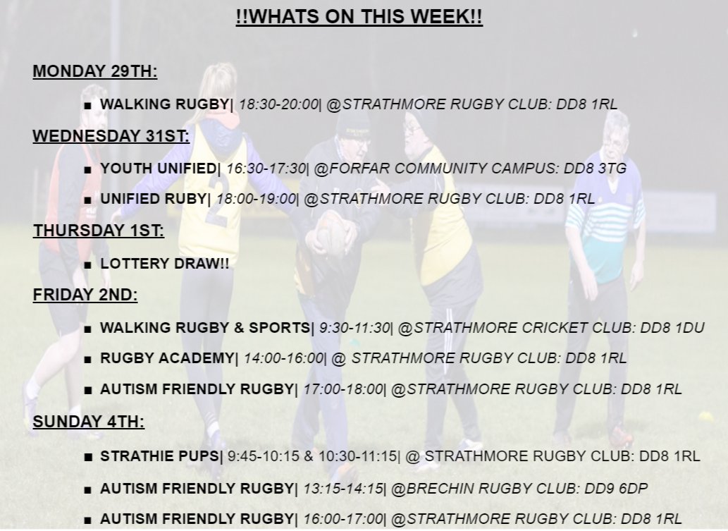 StrathCommTrust's tweet photo. #whatsonthisweek📅
📍Heading into the new month this week and the colder weather is coming in soon🥶however we still have lots of great projects that will be running come rain or shine!! Come get involved 😁‼
#DevelopingPeopleThroughRugby #DPTR #SCRT #GetInvolved https://t.co/ve1PeKS2Ax