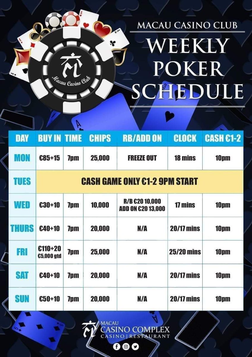 MSCCASINO's tweet image. 𝗦𝘂𝗻𝗱𝗮𝘆 𝗣𝗼𝗸𝗲𝗿 𝗧𝗼𝘂𝗿𝗻𝗮𝗺𝗲𝗻𝘁 𝟳𝗽𝗺 🕖 
€50 + €10
Chips 20,000
Late Reg 9.15pm 

Cash Games from 10pm
