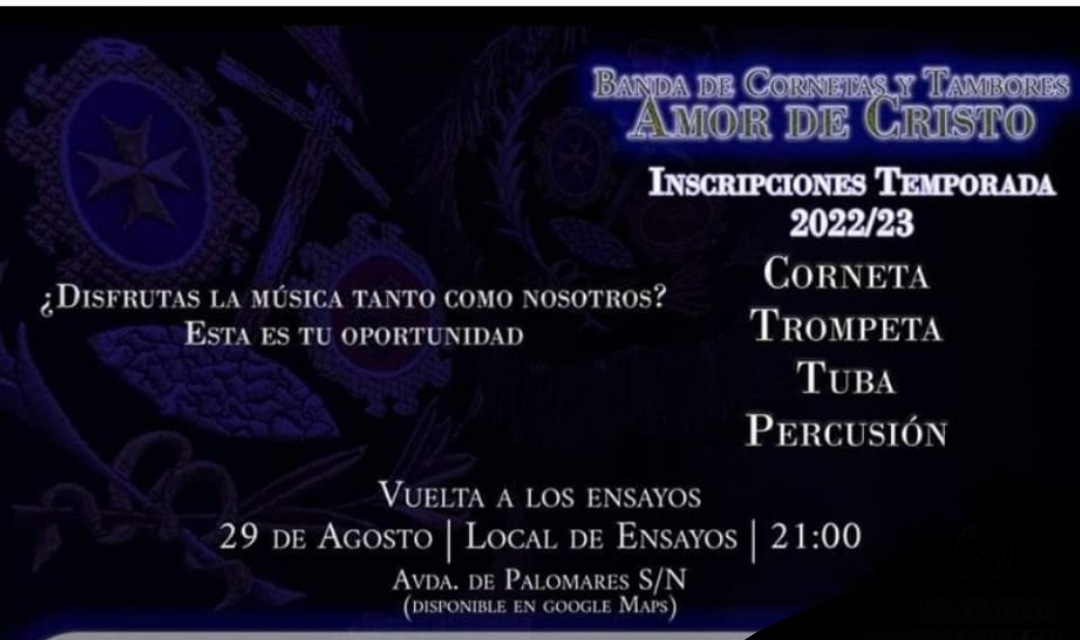 RECUERDA: 

Tras las vacaciones, ponemos de nuevo la máquina en funcionamiento. 

¿Quieres formar parte de nuestra banda?

Empezamos el Lunes 29 de agosto en nuestro local de ensayos situado en la Avda de Palomares S/N de San Juan de Aznalfarache

#suenaamordecristo