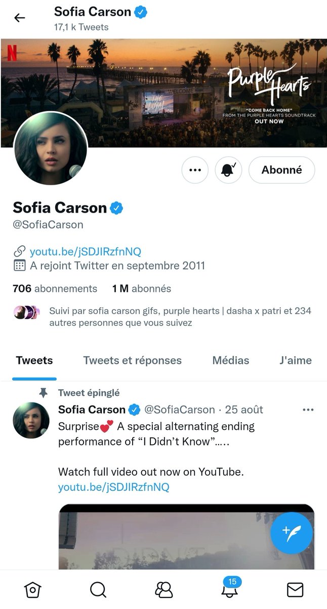 .<a href="/SofiaCarson/">Sofia Carson</a> has officialy reached 1 million followers here on Twitter ! 🥺🤧