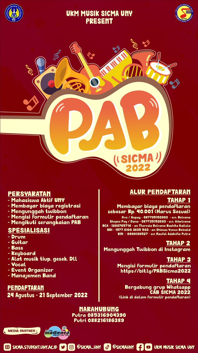 sicma_uny's tweet photo. Hallo mana nih maba UNY 2022? Ayooo daftar UKM Musik SICMA!! Dijamin buat yang mau bikin band, atau jadi anak EO dan MB, bisa banget daftar SICMA!!!🔥 #mabauny #maba2022 #ukmuny https://t.co/TfESKSXYtx