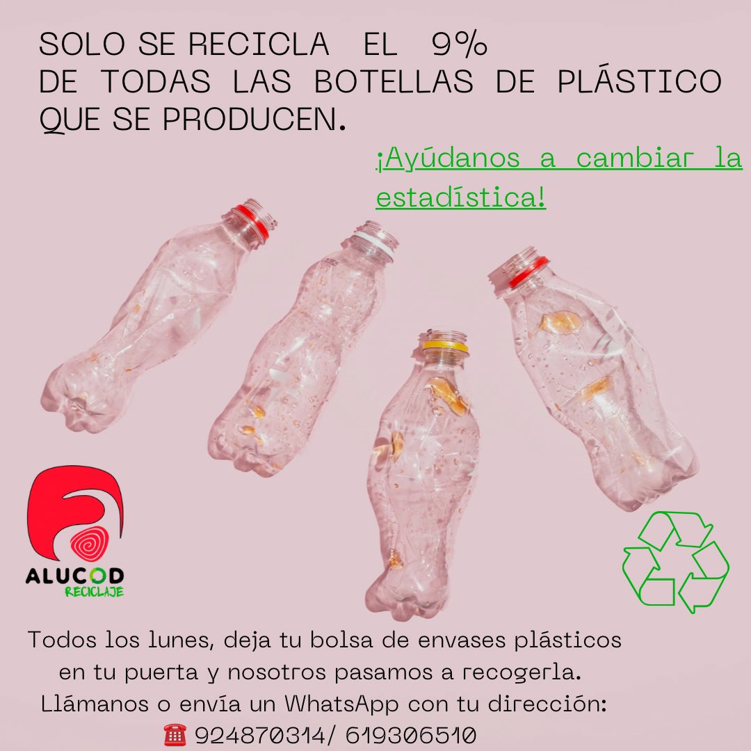 alucod's tweet photo. 🔉¡LLERENA!🔉

🚚¡Como cada lunes, deja tu bolsa con envases plásticos en tu puerta, pasaremos a recogerla!

💬Solo tienes que avisarnos mediante llamada o WhatsApp diciendo tu dirección:

☎️619306510/ 924870314.

🌍¡CUIDEMOS NUESTRO PLANETA!

#reciclaje
#alucod
#insercionlaboral https://t.co/67vP5ICfub