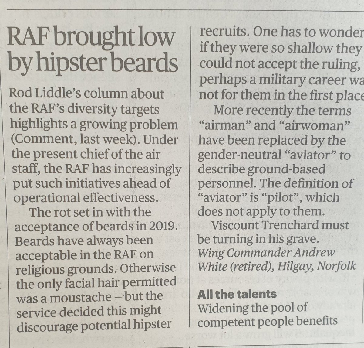 pinstripedline's tweet photo. I remain astounded that so many people can be triggered by the idea of people in the RAF having beards. If they are not ok with this ruling, perhaps a military career is not for these snowflakes? https://t.co/IL9Dd3hEcZ