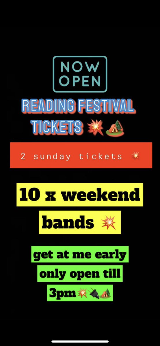 shad991's tweet photo. reading festival tickets for sale 💥
2 x sunday tickets 
10x weekend bands 
last day of festival🏕
msg me 📲🔌  #readingfestival #readingfestival2022 #readingfestivaltickets https://t.co/KFZiWEwpuu