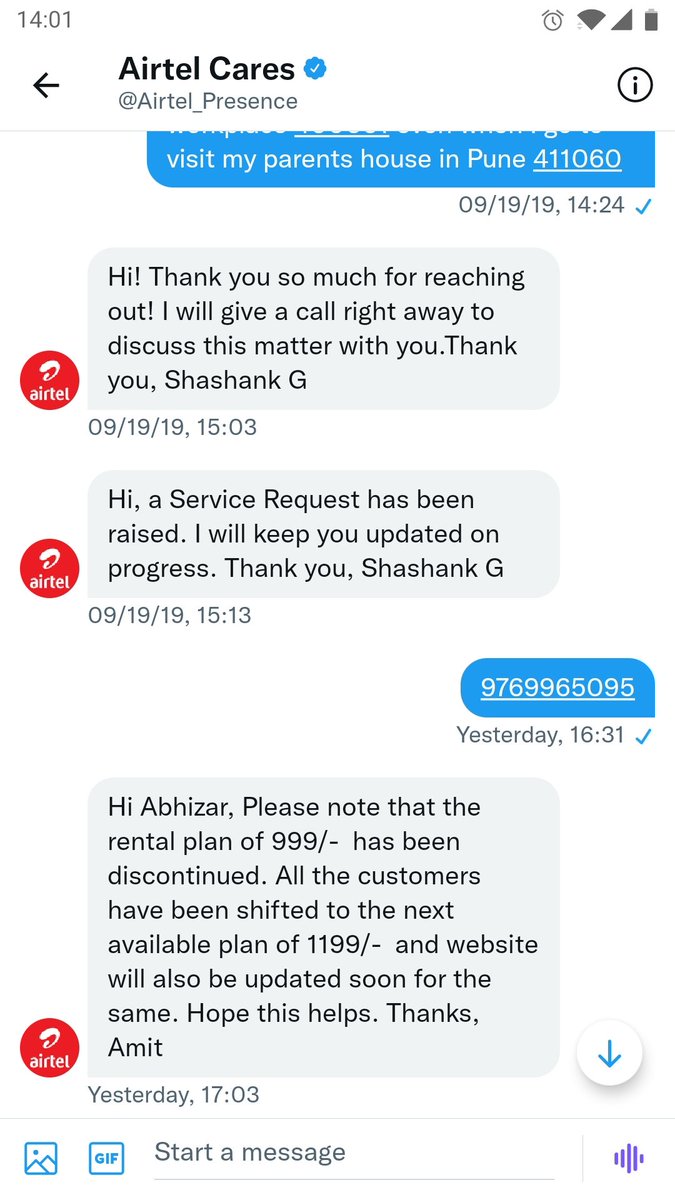 abhizar's tweet photo. @Airtel_Presence I have been informed by you that the 999 plan has been discontinued and that's y my plan was changed to 1199, I have received no intimation for the same and I can still see the 999 plan on Airtel app. Pls explain I plan to take legal action on this https://t.co/ZEUTam37Dh