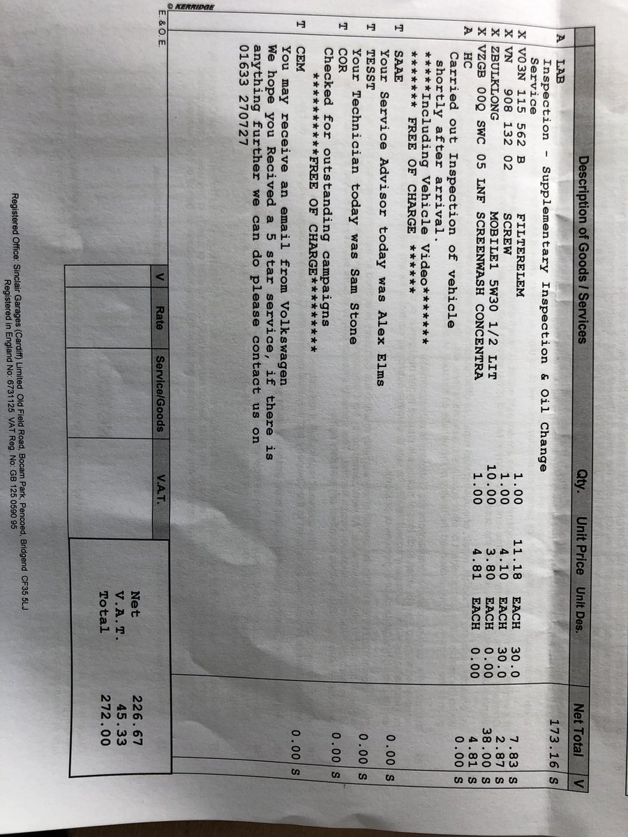 antgard15's tweet photo. @SinclairVW #newport Disgusted how my son was charged £173 labour for a oil change on his vehicle .Talk about taking advantage https://t.co/CJn3Y9ARxt