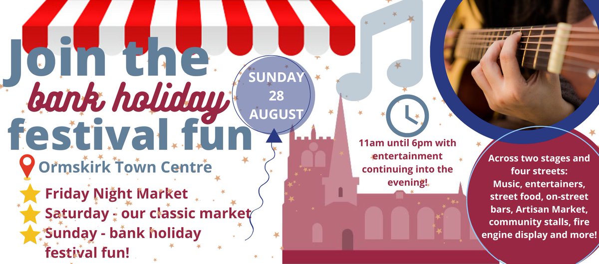 Westlancsbc's tweet photo. Looking for bank holiday plans? LOOK NO FURTHER 👀🎉 
Head down to the Ormskirk Bank Holiday Festival today!

⏰ 11-6

✨ Head into the town centre for a day filled with live music, food and drink stalls, artisan offerings and plenty of fun for everyone! https://t.co/sjYpufE4Lo