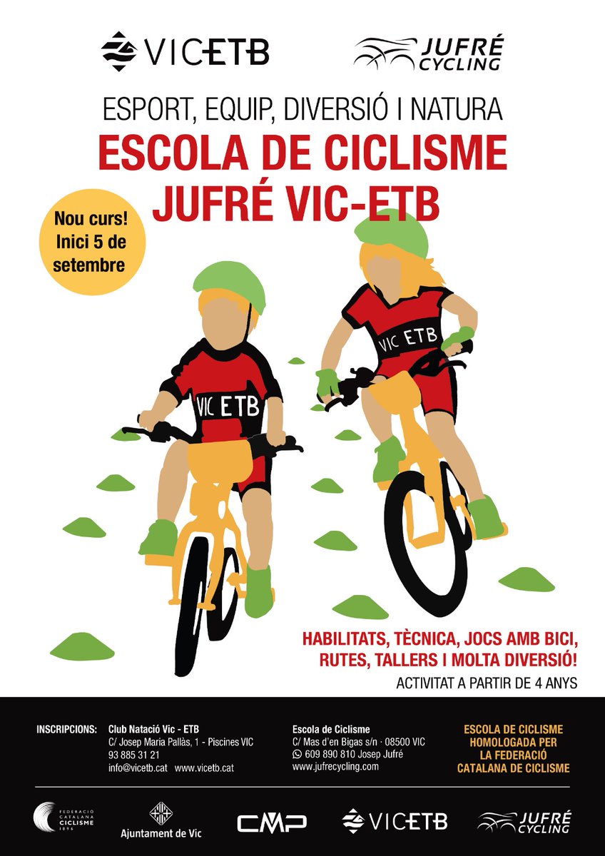 Ciclistes!
El 5 de setembre reobre l'Escla de Ciclisme Jufré Vic-ETB amb una nova temporada!

Recordeu que hi ha inscriptions obertes al Vic-ETB!

Per més informació: jufrecycling.com

Us hi esperem!

#jufrecyling