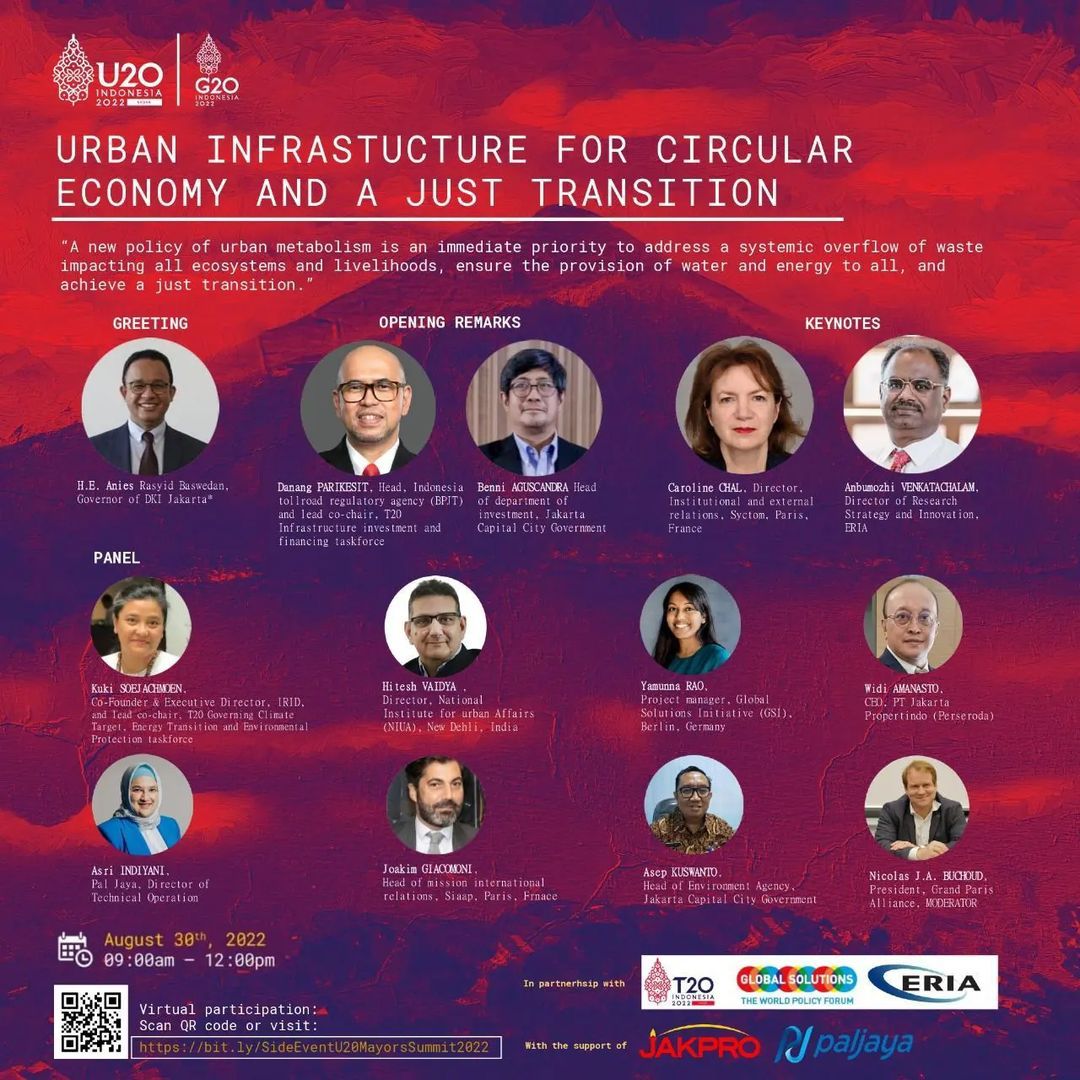 DKIJakarta's tweet photo. URBAN 20 MAYORS SUMMIT 2022 - SIDE EVENT IV

Urban Infrastructure for Circular Economy and a Just Transition

Join us at Fairmont Hotel, August 30, 2022, and be a part of the U20!

#Urban20Indonesia #Urban20 #KotaKolaborasi #t20 #ThinkTank20 #RecoverTogetherRecoverStronger https://t.co/WkiPYfQNiw