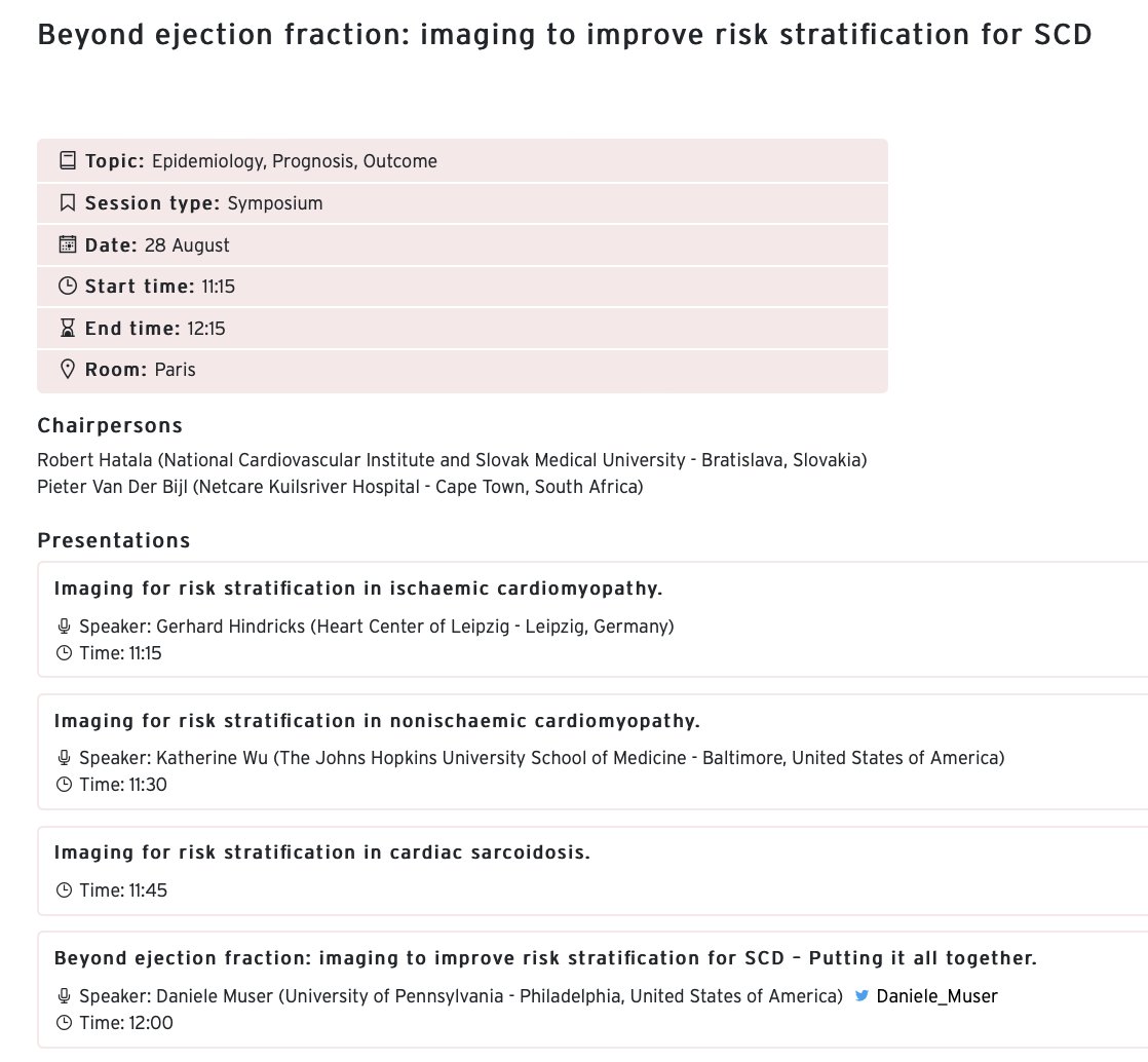 MondaEmanuele's tweet photo. Do not miss the session "Beyond ejection fraction: imaging to improve risk stratification for SCD" at #ESCCongress 2022!
Room: Paris
Date: 28 August
Start Time: 11:15

#ESCGenomics @escardio @Daniele_Muser https://t.co/gAUKWzT9f0