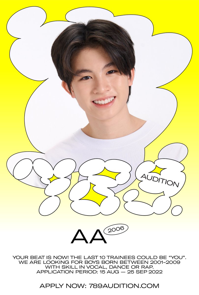 789SURVIVAL's tweet photo. AA
#789TRAINEE  

โปรเจกต์ตามหา “10 คนสุดท้าย”
เพื่อมาเป็น TRAINEE 
เข้าร่วมแข่งขันในรายการ SURVIVAL 

Requirements:
Boys born between 2001 - 2009
VOCAL / DANCE / RAP

Application period:
15 Aug - 25 Sep 2022

APPLY NOW: https://t.co/gaIXjoCR5y

#AA
#789AUDITION https://t.co/ocV6s5FAli