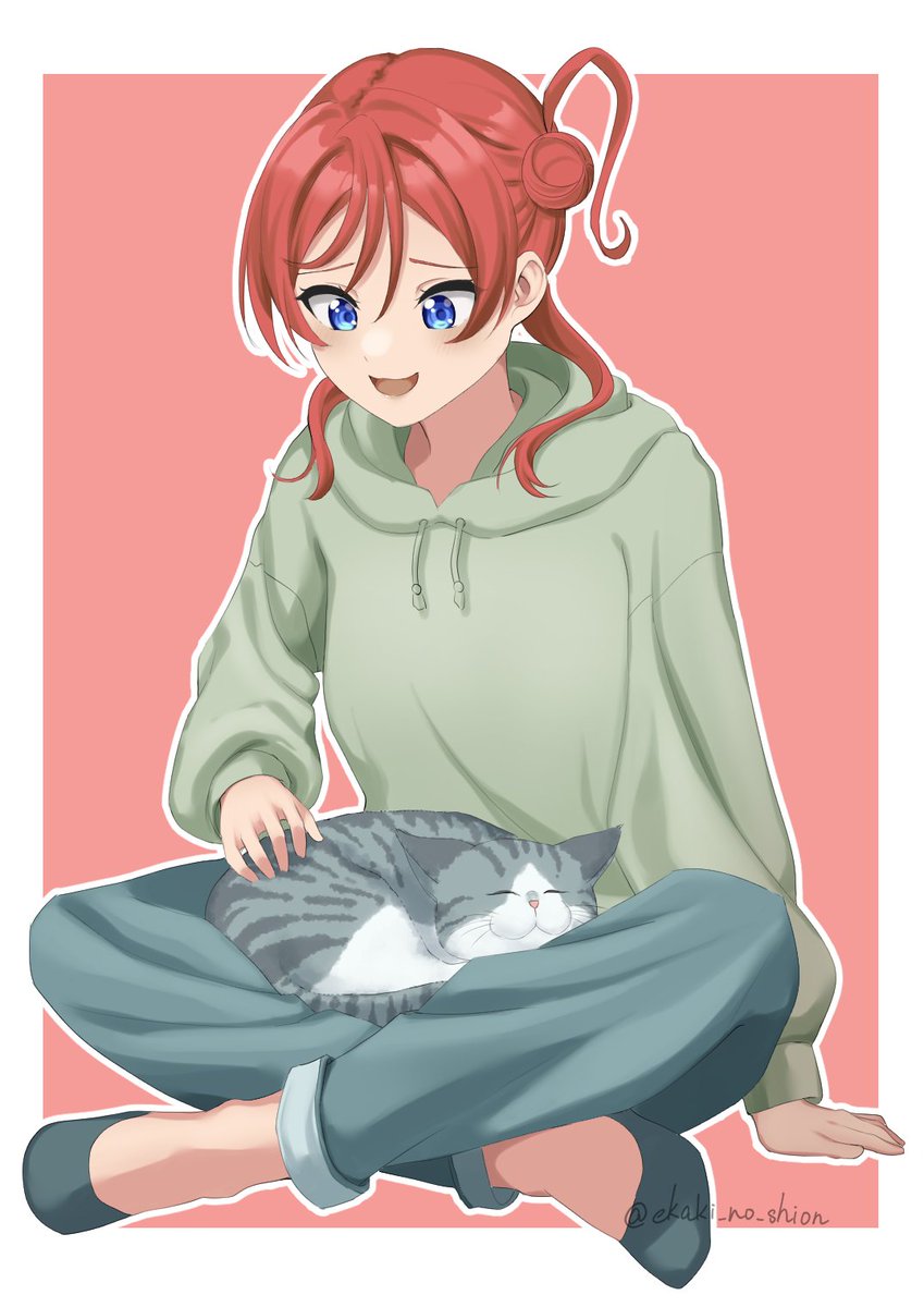 「猫と触れ合う米女メイちゃん」|絵_shionのイラスト