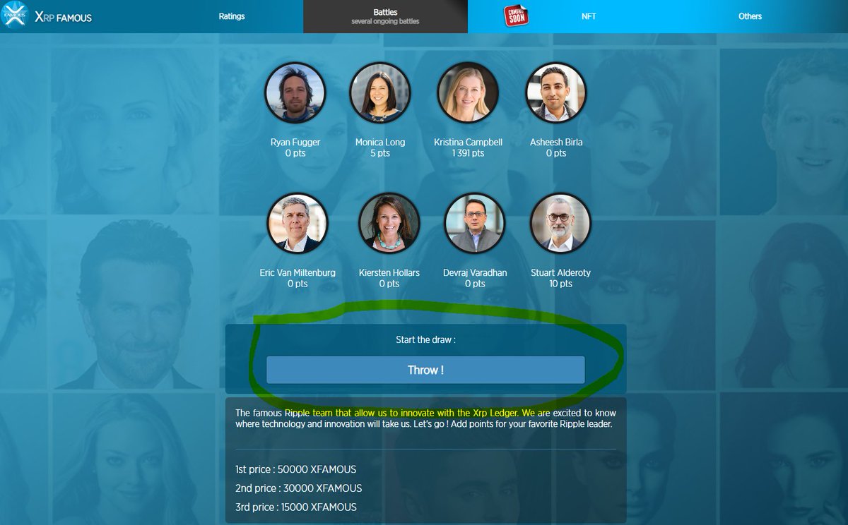 Hello community the first battle is finished, you can launch the draw by clicking at the button, you must be connected: Only  one person can launch.

The wallet that launches the draw wins 10 000 XFAMOUS hurry up :)