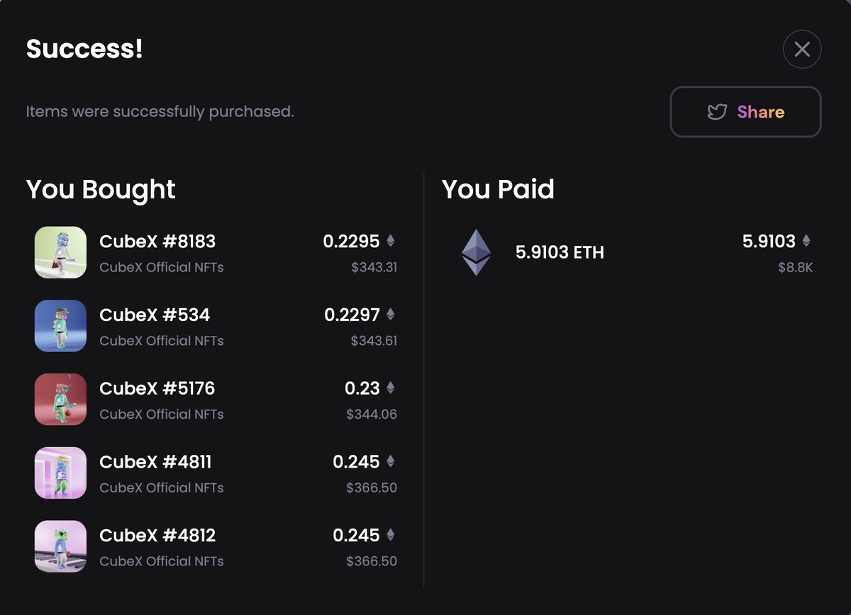 delbrok0's tweet image. Owning Cubies is like owning shares in CubeX. I'm down with that! It's time to stake now. @TFGmykL @cubexnft #CubeX 
🛒 Bought: 24 items for 5.9103 ETH
💰 Gas savings: $4.30

etherscan.io/tx/0x03f74f90d…  gem.xyz
