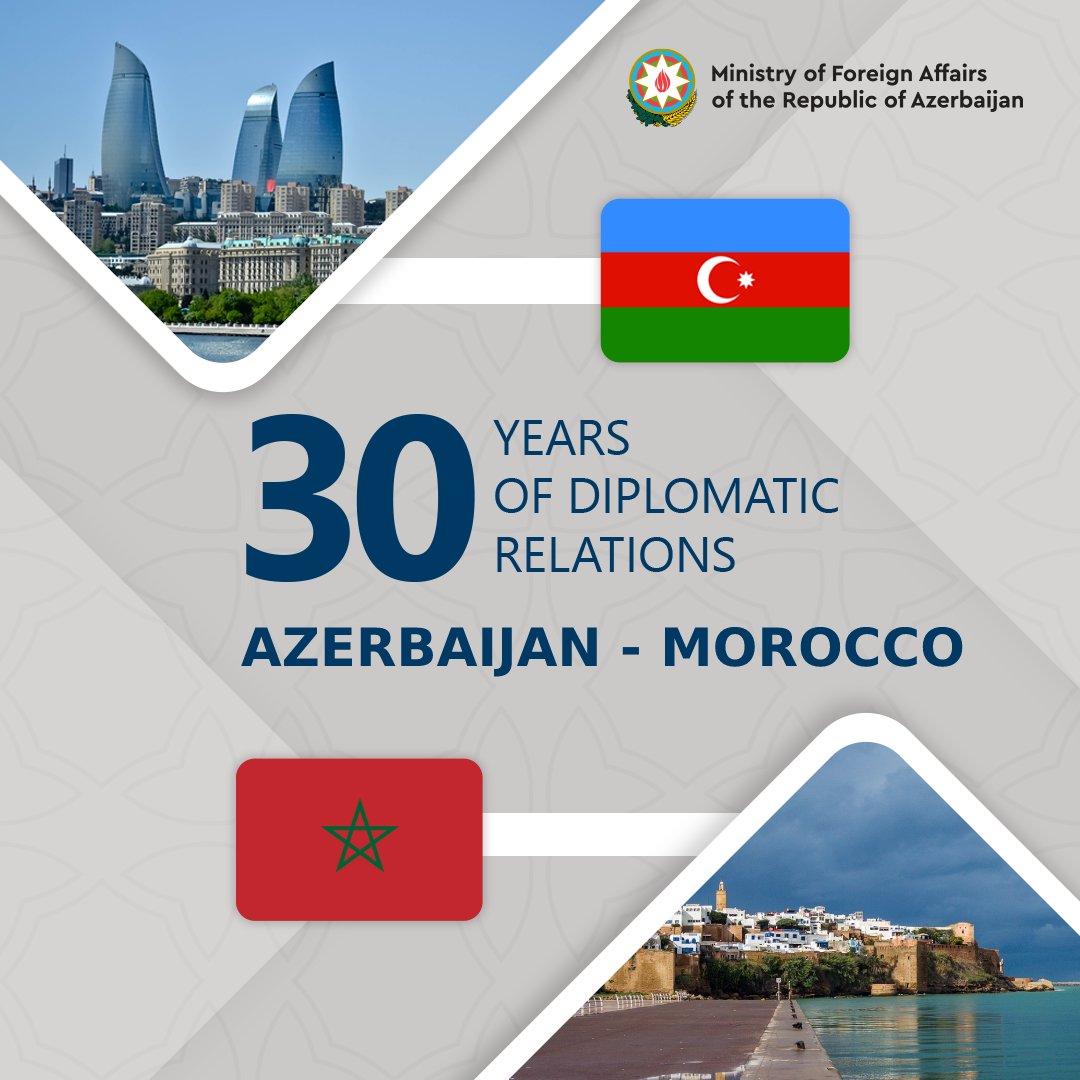 Today marks the 3⃣0⃣th Anniversary of establishment of diplomatic relations between #Azerbaijan &amp; #Morocco. We send our best wishes to the Government &amp; People of the Kingdom of Morocco on this occasion. Looking forward to further development of 🇦🇿🇲🇦cooperation.
<a href="/Marocdiplo_EN/">Moroccan Diplomacy 🇲🇦</a>