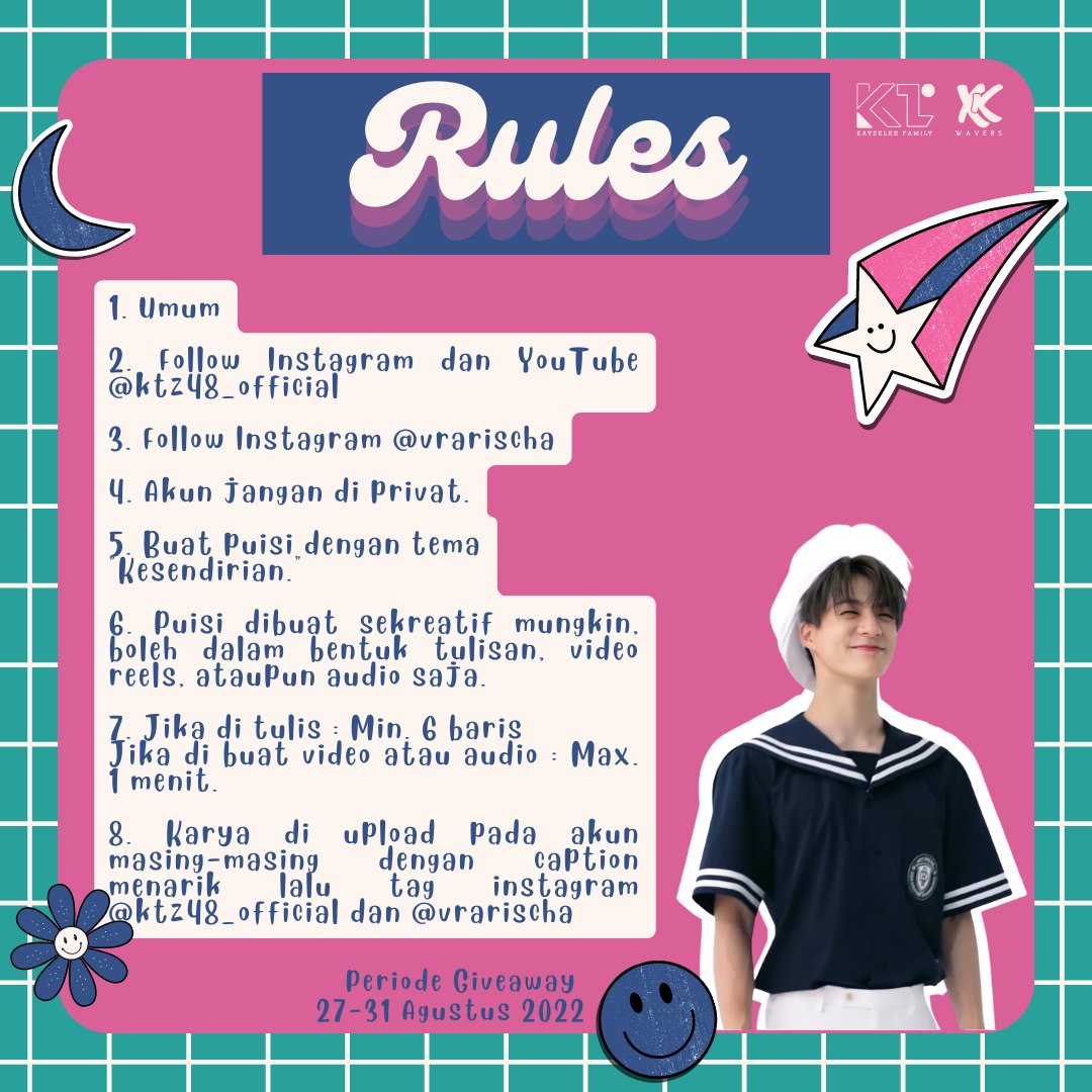 hoobaextudio's tweet photo. Yeheeett ๐ฅณ
Jadiiiii buat kalian yang pengen ikutan Katzway bisa baca S&K yang berlaku di posternya yaah
Katzmin tunggu karya menariknyaaa
And good luck! ๐ฅฐ
#KTZ48 #KatzWay #KTZ48MUHARRAM #KTZ48WORLDOMINATION #Xschool2022 #XKwavers https://t.co/0lPONIG6Pd