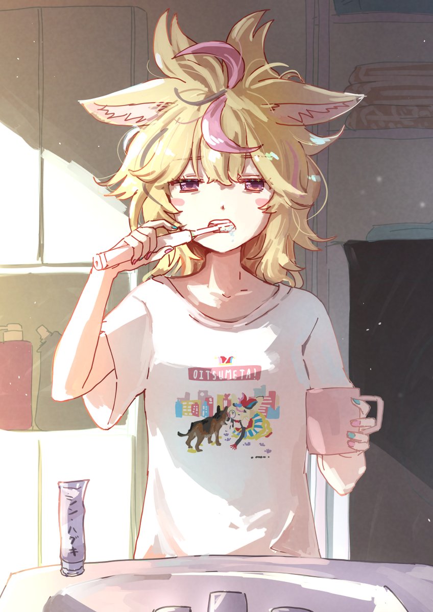 omaru polka 1girl animal ears blonde hair toothbrush cup fox ears shirt  illustration images